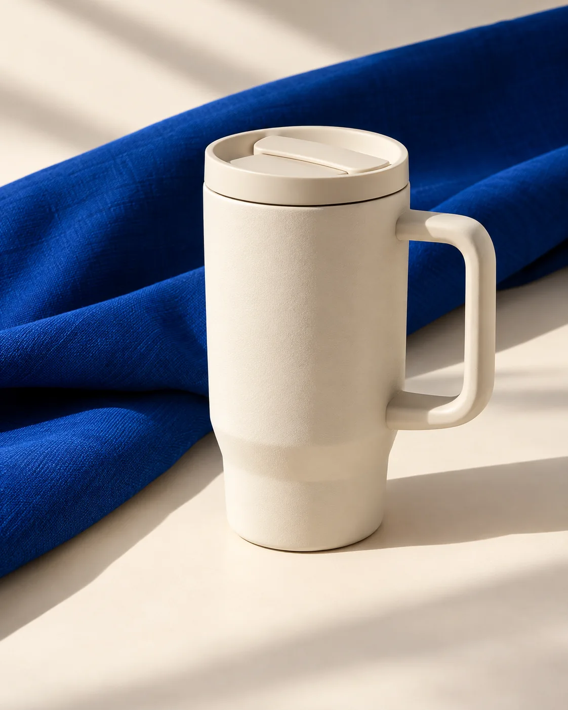 An illustrative travel mug on blue fabric